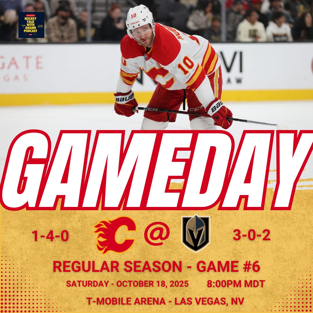 FLAMES GAMEDAY
The Flames (1-4-0) are on the road heading to the Golden Knights (3-0-2)! 

Game Notes: 
> Huberdeau is back 
> Gridin has been sent to the AHL Wranglers. 

#Flames #VegasBorn #NHL