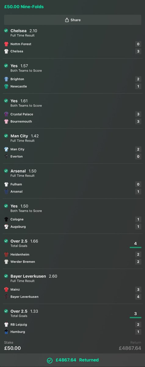 BOOOOOOOOOOOMMMMMMM 97/1 WINNER THANKING YOU ARSENAL !!! 😍😍😍

and what a game for Leverkusen by the way 😳

£50 gave us a mega £4870+😎
im going to giveaway £370 of it randomly all you have to do is like and retweet this tweet!❤️

make sure you’re in our tele below👇