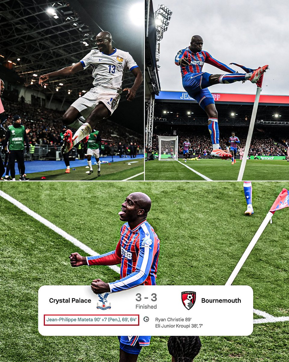 ▪️OCT 13: Scores his first goal for France 
▪️OCT 18: Bags a hat-trick for Crystal Palace, including a 97th-minute equaliser

Jean-Philippe Mateta ‘BOOM’ for club and country in the same week 💥