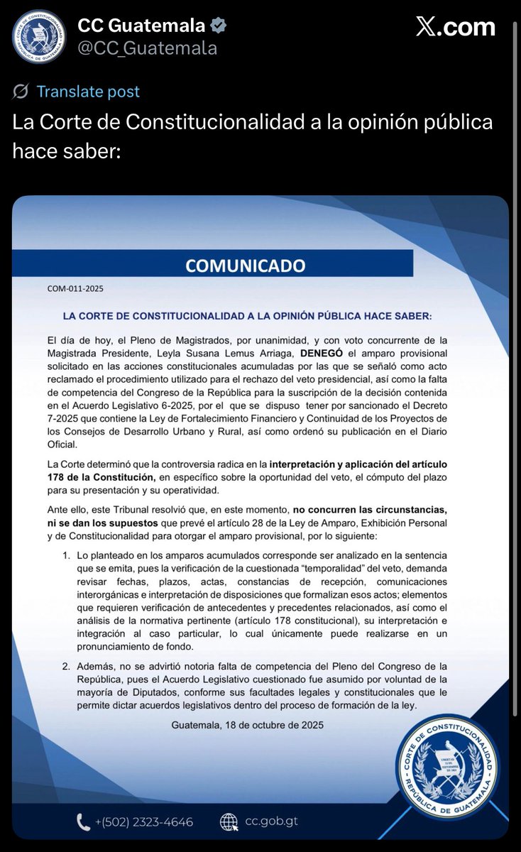 La <a href="/CC_Guatemala/">CC Guatemala</a> de la corrupta y meiguelera Leyla Lemus se pasó la Constitución (de nuevo) por los pies.

Ahora la duda es, ¿el ejecutivo hará algo al respecto?, ¿seguirá de sumiso?. <a href="/GuatemalaGob/">Gobierno de Guatemala 🇬🇹</a> <a href="/BArevalodeLeon/">Bernardo Arévalo</a> 

La misma Constitución respalda NO seguir órdenes ilegales. Yo