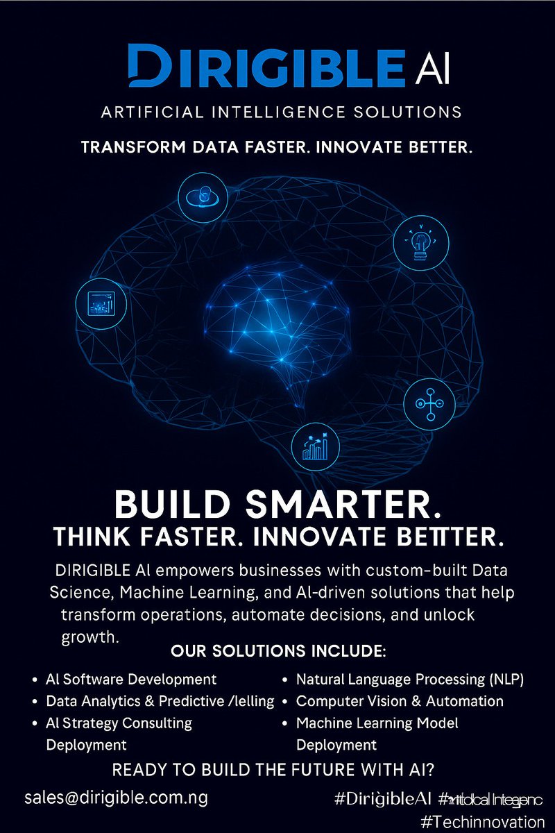 dirigibletech's tweet image. Coming soon... Dirigible will be launching AI consulting &amp;amp; services. If you&apos;re a data scientist and analytics, we have the job for you #Ai #Africa