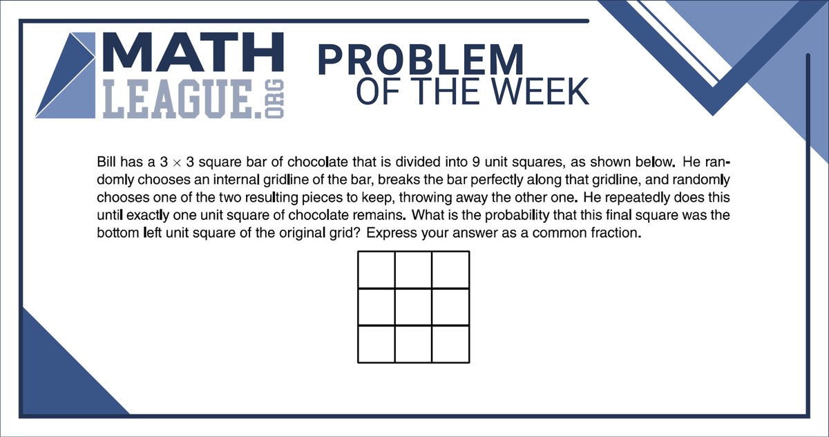 mathleague's tweet image. Here is our #middleschool #mathproblemoftheweek for October 18. Please give the problem a try: submit your answer at bit.ly/mathleaguepotw, and you could win a #prize!

Check back in a few days to see a video explanation of this problem. #mathcompetition #math #mathleague