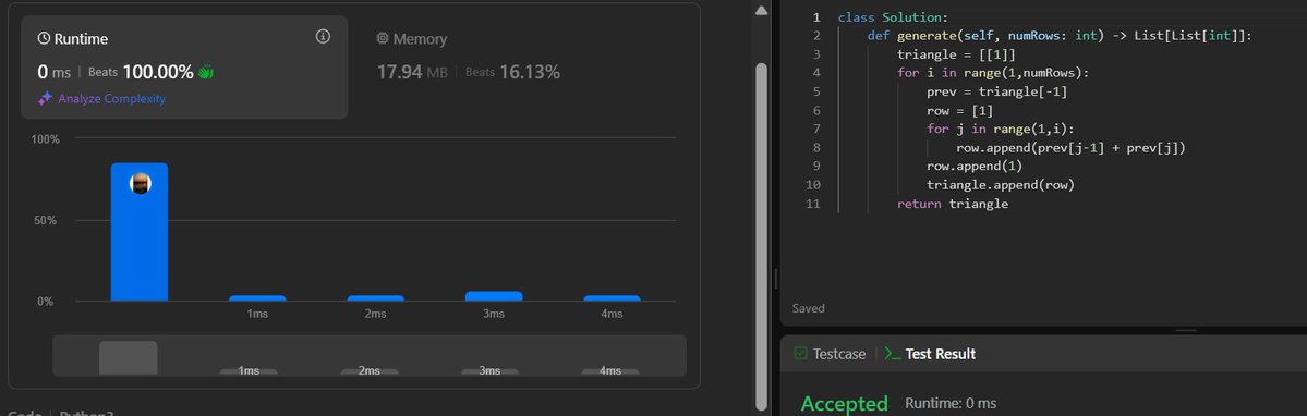 rutupurna21's tweet image. Day 26–#100DaysOfCode
Solved Pascal’s Triangle on LeetCode
🔹Implemented iterative construction of Pascal’s Triangle
🔹Reinforced understanding of list manipulation & nested loops
🔹Practiced building patterns dynamically with previous row values
#Zigbee #LeetCode #PythonLearning