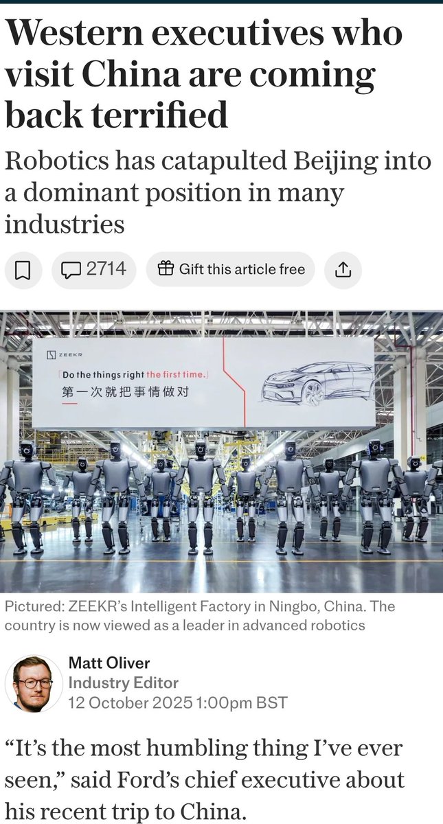 The Telegraph (İngiltere)

Çin’e giden Batılı yöneticiler korkuyla dönüyor: Robot devrimi tüm sektörleri dönüştürüyor 🤖

🔹 Ford CEO’su Jim Farley, Çin’e yaptığı fabrika ziyaretleri sonrası “gördüklerim hayatımın en sarsıcı deneyimiydi” diyerek Çin’in otomotivde ulaştığı