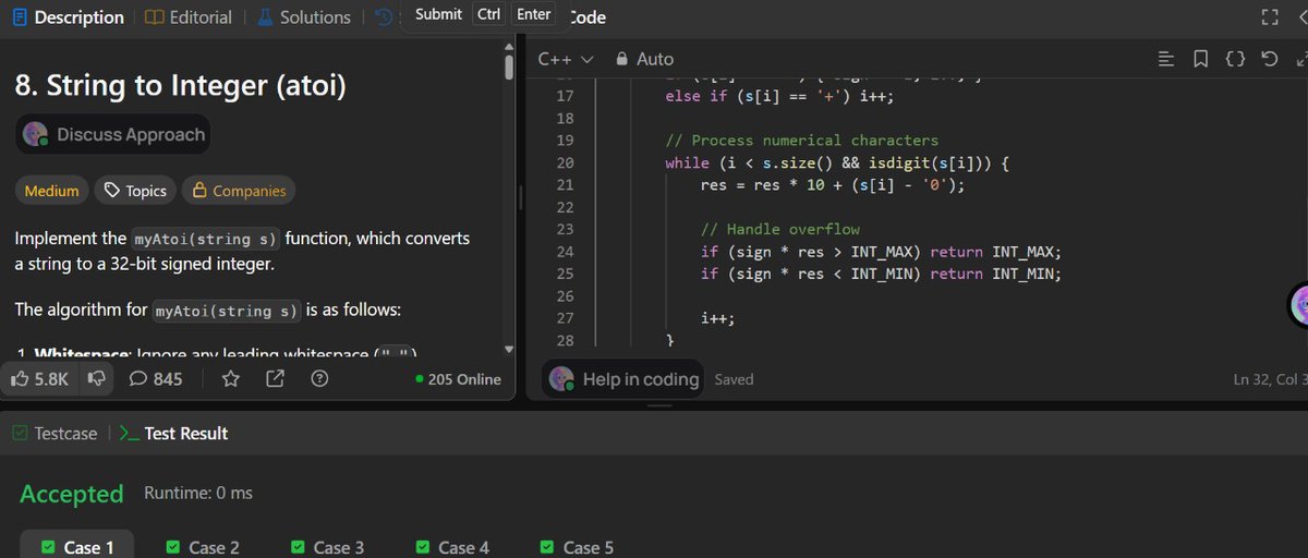 HimeshV21112003's tweet image. Day 99 of #LeetCode100Days ✨
📌 Today’s Problems:
🔹 Pow(x, n)
🔹 String to Integer (atoi)
⚡ Practiced recursion + careful string parsing today 💻
Almost at the finish line 🏁🔥
#LeetCode #DSA #100DaysOfCode #Coding #Recursion #Strings