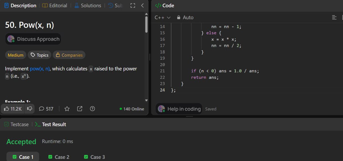 HimeshV21112003's tweet image. Day 99 of #LeetCode100Days ✨
📌 Today’s Problems:
🔹 Pow(x, n)
🔹 String to Integer (atoi)
⚡ Practiced recursion + careful string parsing today 💻
Almost at the finish line 🏁🔥
#LeetCode #DSA #100DaysOfCode #Coding #Recursion #Strings
