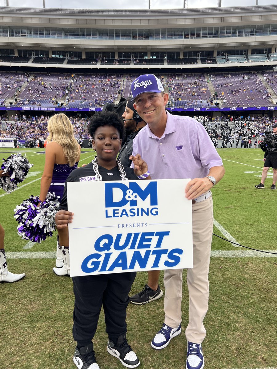 HopeFarmInc's tweet image. Amazing day for our Quiet Giant, Taylor and his mom watching TCU beat Baylor!  So far, TCU is undefeated when a Quiet Giant is in attendance!  Thank you @dmleasing and @tcuathletics!