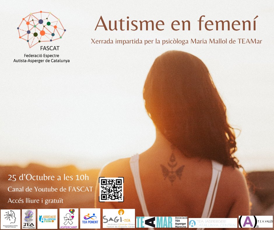 🚀 Cicle de tallers/xerrades pel nou curs.
👉 Autisme en Femení
📅 Dissabte 25 d'Octubre
⏱   10:00h
📌 Enllaç lliure: youtube.com/watch?v=2oUJ2g…
Maria Mallol, psicòloga de TEAMar convida a descobrir com sol manifestar-te el TEA en les dones, recollint estratègies i vivències 🌎