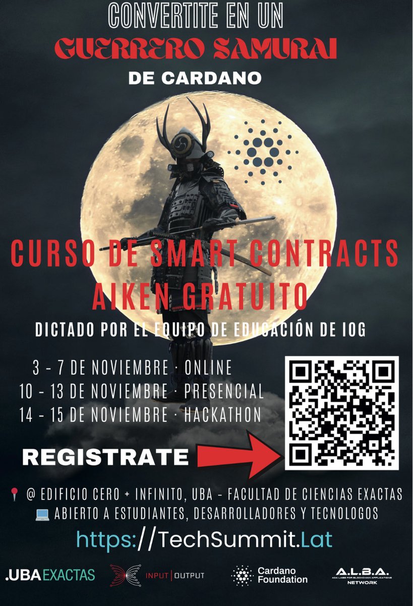 CardanoSolar's tweet image. 🚀 Are you a developer, builder, or just curious about #Cardano?
Want to showcase your project, product, or ideas, or give a talk, panel, or workshop?
Join us at Cardano Tech Summit Buenos Aires – Nov 15, UBA Pabellón 0+∞ 🇦🇷
💻 Free Smart Contract training (Nov 3–13) by…