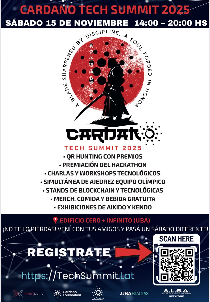 CardanoSolar's tweet image. 🚀 Are you a developer, builder, or just curious about #Cardano?
Want to showcase your project, product, or ideas, or give a talk, panel, or workshop?
Join us at Cardano Tech Summit Buenos Aires – Nov 15, UBA Pabellón 0+∞ 🇦🇷
💻 Free Smart Contract training (Nov 3–13) by…