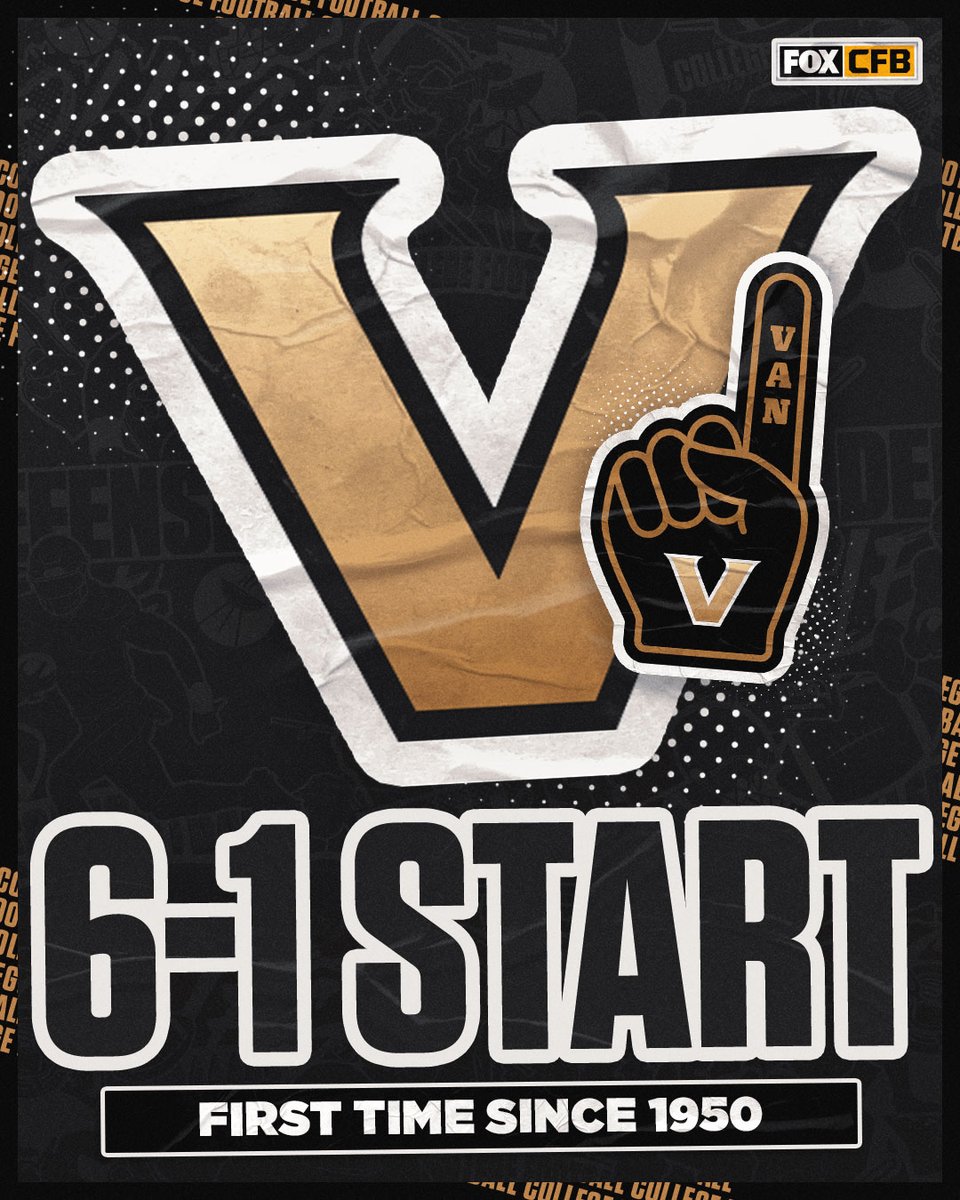 FOX College Football (@cfbonfox) on Twitter photo For the first time since 1950, <a href="/VandyFootball/">#17 Vanderbilt Football</a> is 6-1 to start the season! 👏 For the first time since 1950, <a href="/VandyFootball/">#17 Vanderbilt Football</a> is 6-1 to start the season! 👏