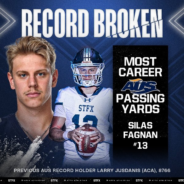StFXAthletics's tweet image. INTO THE RECORD BOOKS! 🐐

Late in the second quarter of today&apos;s game, X-Men QB Silas Fagnan broke the 30-year-old AUS record for Most Career Passing Yards!

Congratulations, Silas!

#GOXGO