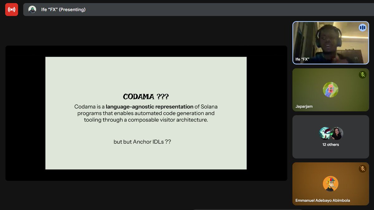 eaabimbola's tweet image. #Toolapalooza2025

It&apos;s Codama time @solanaturbine with @a_ix_d
