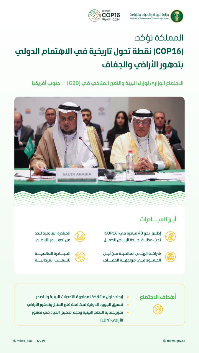 المملكة تؤكد أن مؤتمر (COP16) يمثل نقطة تحول تاريخية في الاهتمام الدولي بتدهور الأراضي والجفاف، وذلك خلال الاجتماع الوزاري لوزراء البيئة والتغير المناخي لدول مجموعة العشرين (G20) في جنوب أفريقيا.