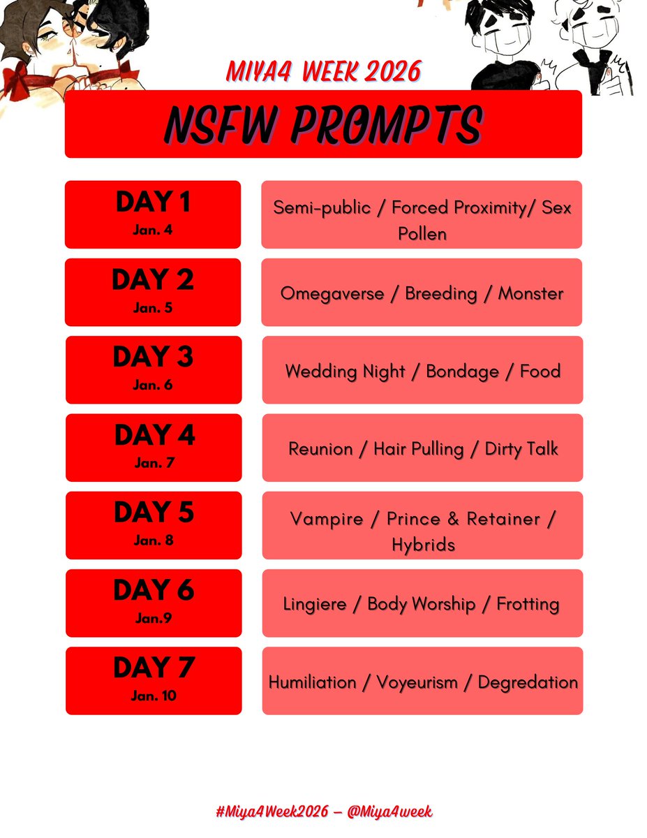 miya4week's tweet image. And here are the NSFW prompts! 😷🔥

#miya4week2026 #sakuatsu #atsuomi #sunaosa #osasuna