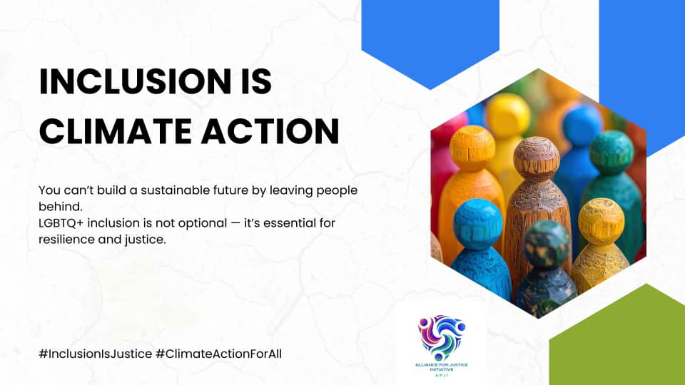 AfjInitiative's tweet photo. INCLUSION IS CLIMATE ACTION

You can’t build a sustainable future by leaving people behind.
LGBTQ+ inclusion is not optional — it’s essential for resilience and justice.
#InclusionIsJustice #ClimateActionForAll https://t.co/uMrJGiChbo