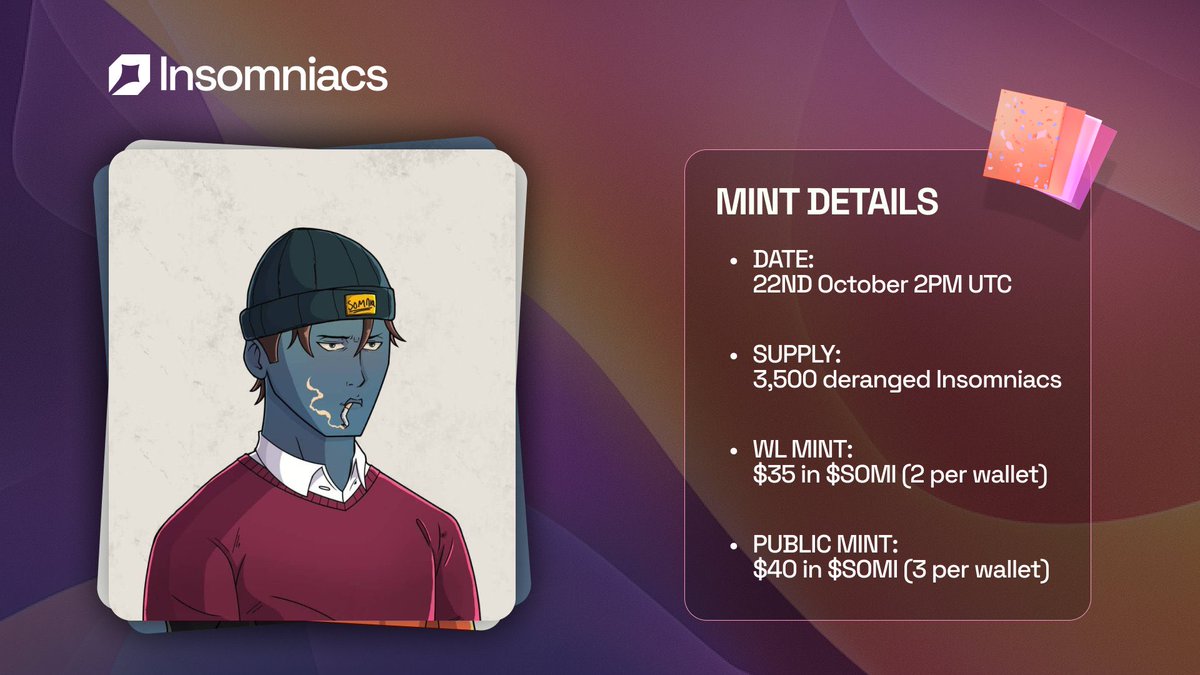 Today I want to give a real possible Mega Alpha in <a href="/Somnia_Network/">Somnia</a> 💜

I’m giving away 15 whitelist spots for the upcoming Insomniacs NFT collection, part of the Somnia ecosystem.

To join:
Follow <a href="/insomniacs_clvb/">Insomniacs</a> and <a href="/CryptoLorenzo2k/">Lorenzo2K</a> 
Like + Repost
Comment your Somnia wallet