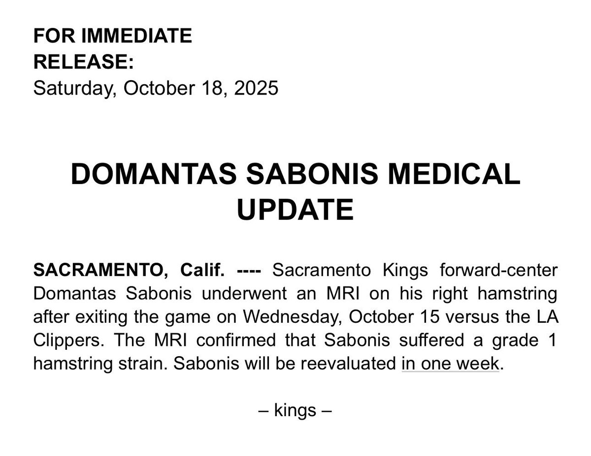 Kings announce medical update on Domantas Sabonis. MRI revealed a Grade 1 hamstring strain. He will be reevaluated in one week. 