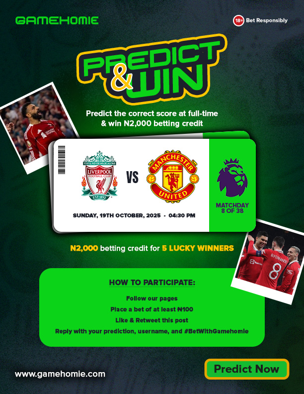 gamehomie_'s tweet image. ⚽PREDICT &amp;amp; WIN ALERT!⚽
Predict the full-time score &amp;amp; win ₦2000 betting credit!

How to Join:
1️⃣ Follow our pages
2️⃣ Place a minimum bet of ₦100
3️⃣ Like &amp;amp; Retweet this post
4️⃣ Reply with your prediction, username &amp;amp; #BetWithGamehomie

#BetWithGamehomie #PredictAndWin #EPL #LIV