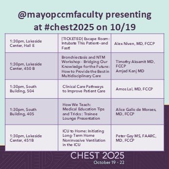 MayoPCCM's tweet image. October 19th will be a packed day with @MayoPCCM faculty!!!
Check out faculty’s presentations @accpchest #CHEST2025 and plan to attend!

#pccm #ccm #sleepmedicine #meded
