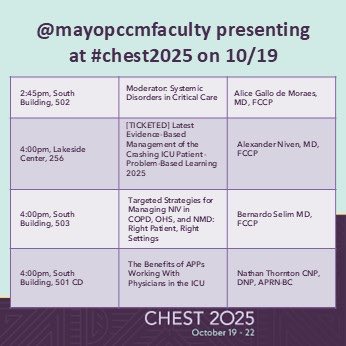 MayoPCCM's tweet image. October 19th will be a packed day with @MayoPCCM faculty!!!
Check out faculty’s presentations @accpchest #CHEST2025 and plan to attend!

#pccm #ccm #sleepmedicine #meded
