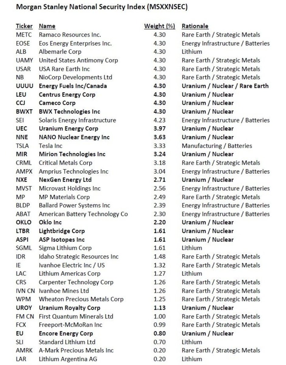 Ale Inversor (@aleinversor) on Twitter photo ¿Sabes qué ha hecho Morgan Stanley?
Ha montado un índice con las empresas clave para la seguridad nacional de EE. UU.
Y no, no son solo tanques y armas.
Son litio, uranio, baterías, metales raros…
Gracias a <a href="/inversorBetico/">Guillermo | Inversor Bético</a> por la indo ¿Sabes qué ha hecho Morgan Stanley?
Ha montado un índice con las empresas clave para la seguridad nacional de EE. UU.
Y no, no son solo tanques y armas.
Son litio, uranio, baterías, metales raros…
Gracias a <a href="/inversorBetico/">Guillermo | Inversor Bético</a> por la indo