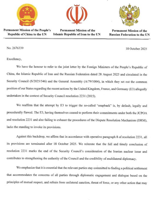 Official letter on UN letterhead from Permanent Missions of China Islamic Republic of Iran and Russian Federation to the United Nations dated 18 October 2023 with text affirming the flawed nature of E3 snapback attempt under resolution 2231 termination after 18 October 2025 signatures of ambassadors from each country addressed to UN Secretary-General and President of Security Council.