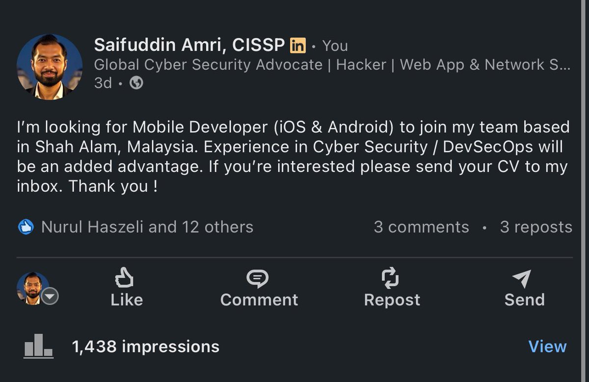 SaifuddinAmri__'s tweet image. I’m expanding my team & looking for a Mobile Developer
Knowledge in cyber security is a plus.
It’s okay if you have zero knowledge in cyber security. I will teach you later lah. As long as you can code, that’s great.
Drop me your CV.