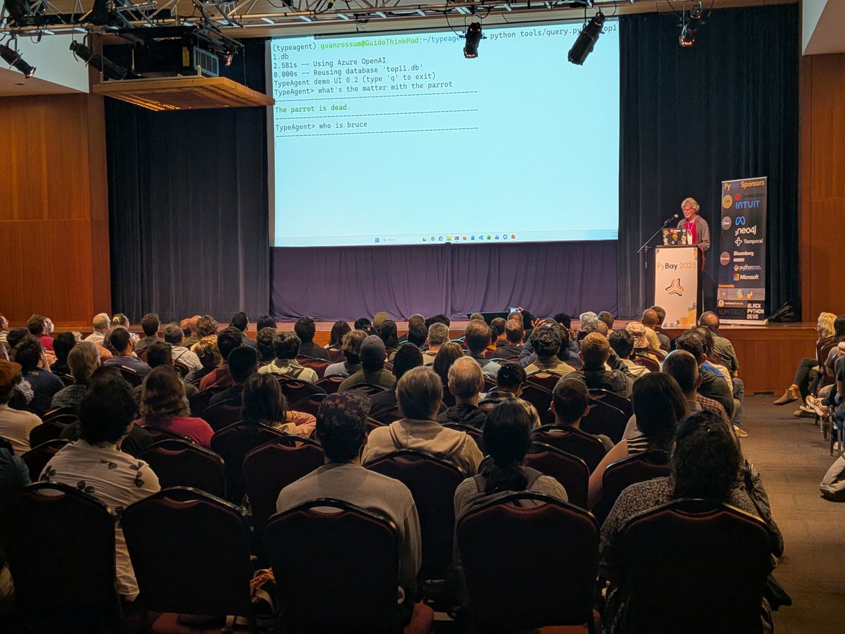 haxor's tweet image. Right now at PyBay @gvanrossum is showing off a live demo of structured RAG. Enjoying some sketch comedy deep cuts, too.