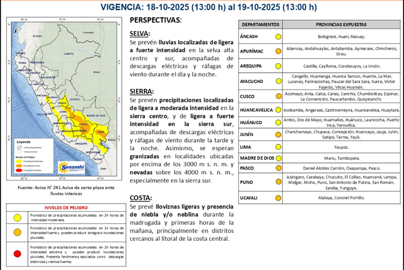 🟠Se esperan posibles #LluviasIntensas (nivel naranja) hasta el 19/10 en algunas provincias de los departamentos Apurímac, Cusco, Junín, Pasco, Puno y Ucayali, de acuerdo al aviso de corto plazo del <a href="/Senamhiperu/">Senamhi</a>.