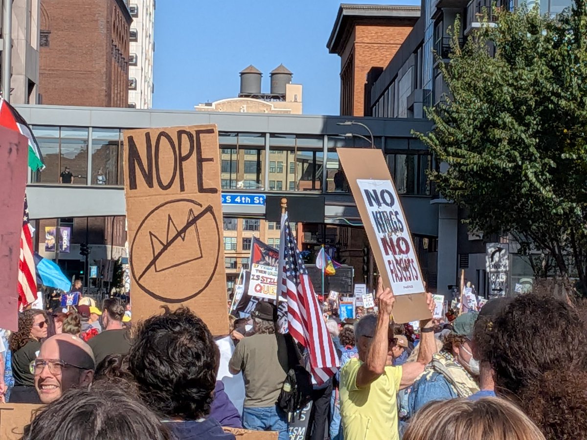 Remarkable turnout at the No Kings rally in Minneapolis -- crowd overflowed the big park next to the Vikings stadium and spilled down several side streets

Very pleased to see so many American flags too.