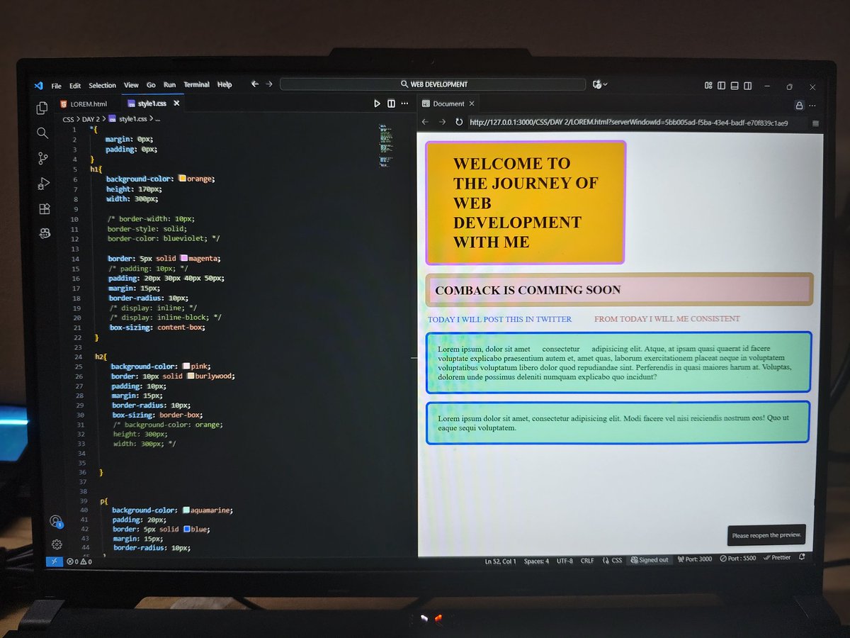 88SHREYAM88's tweet image. Day 2 of my web development journey! 🚀
Today I learned about padding, margin, and border in CSS — understanding how spacing and outlines shape a webpage.
Step by step, I’m getting better every day 💪
Learning from @rohit_negi9👨💻
#WebDevelopment #100DaysOfCode #CodingJourney #CSS