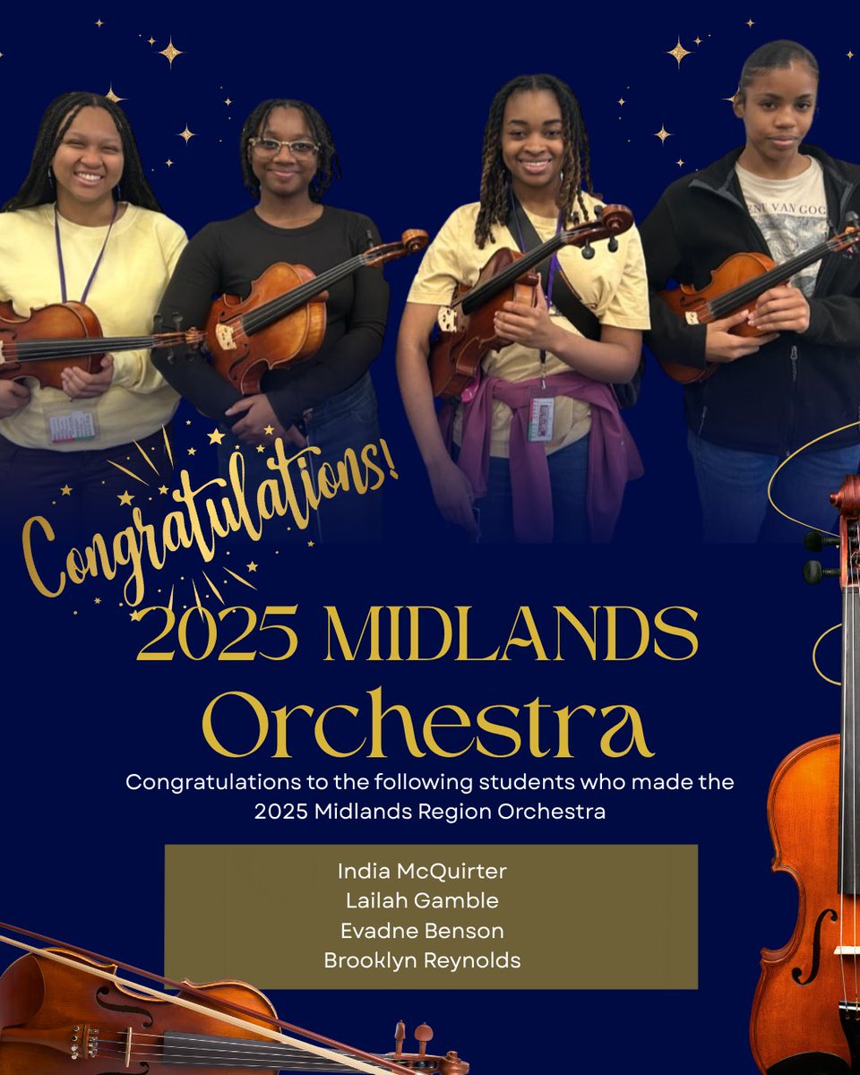 Congratulations, Blazers! 🎶

Ridge View High School proudly celebrates the following students for their selection to the 2025 Midlands Region Orchestra:
🎻 India McQuirter
🎻 Lailah Gamble
🎻 Evadne Benson
🎻 Brooklyn Reynolds

These outstanding musicians will perform alongside