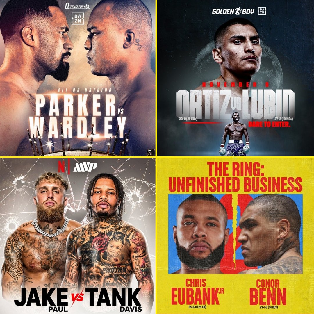 💥 NEXT 4 WEEKS OF BOXING 

1️⃣ Oct 25: Joseph Parker 🆚 Fabio Wardley
2️⃣ Nov 8: Vergil Ortiz 🆚 Erickson Lubin
3️⃣ Nov 14: Jake Paul 🆚 Gervonta Davis
4️⃣ Nov 15: Chris Eubank Jr. 🆚 Conor Benn