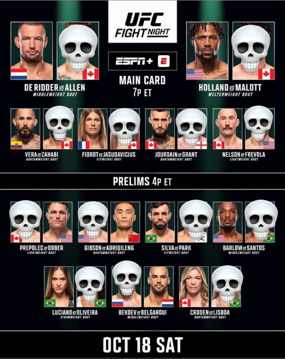 Picks:

FOTN: Jourdain X Grant
POTN: Vera,Nelson

#UFCVancouver