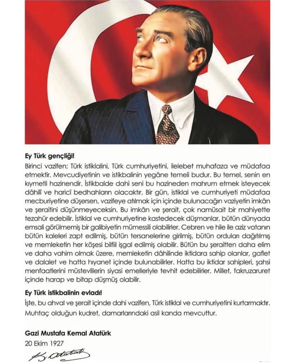 furkanates_'s tweet photo. …İstikbalde dahi seni bu hazineden mahrum etmek isteyecek dâhilî ve haricî bedhahların olacaktır…
Ey Türk istikbalinin evladı! İşte, bu ahval ve şerait içinde dahi vazifen, Türk istiklal ve cumhuriyetini kurtarmaktır... #mustafakemal #atatürk https://t.co/4cWx2FNQM2