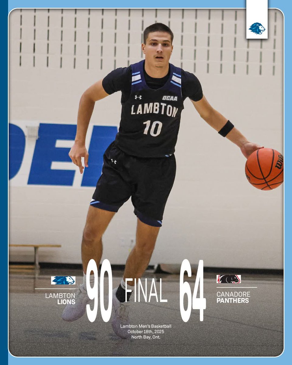 Road dub to open the season.

The Lambton Men's Basketball Program opened their 2025-26 regular season this afternoon with a 90-64 win over Canadore in North Bay!

The Lions outscored the Panthers 27-9 in the third quarter to take full control of the game.

#DefendTheDen