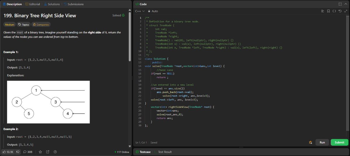 ANNISH_SEN's tweet image. Day 30 of #LeetCode75
Problem: 199
Approach:
Use DFS.
traverse the right subtree first, then the left.
If we enter a new level for the first time, record that node’s value.
Time:O(n)
Space:O(h)
#LeetCode #75DaysChallenge #Day30 #DSA #BinaryTree #CodingJourney #KeepLearning
