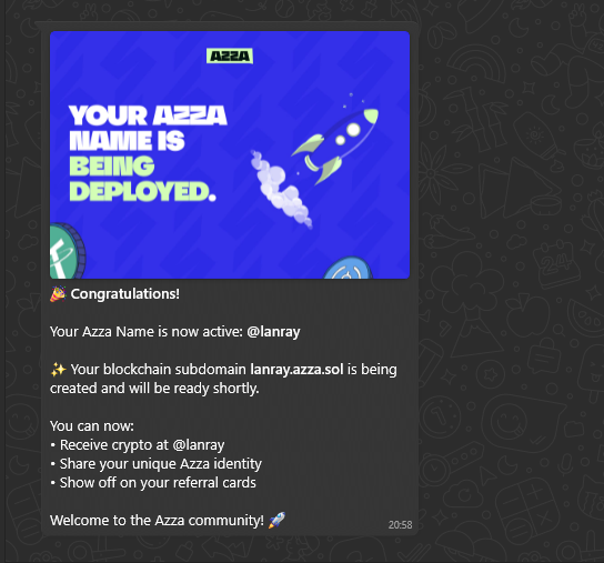 theeveloper's tweet image. just got my subdomain name "lanray.azza.sol"
coool, right?
if u want urs, just type "azzaname" and then type ur preferred name of choice.
gm CT & keep building ^-^