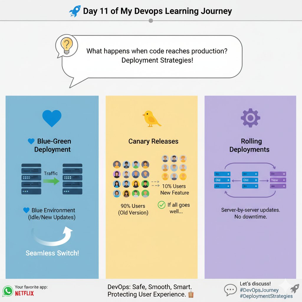 dev_sylv's tweet image. 🚀 Day 11 of My DevOps Learning Journey
Yesterday, I talked about Continuous Delivery (CD) — pushing code from testing → staging → production.
Today, while learning, I thought to myself, Once code is ready for production, how do we deploy it safely?
#DevOpsJourney #CICD