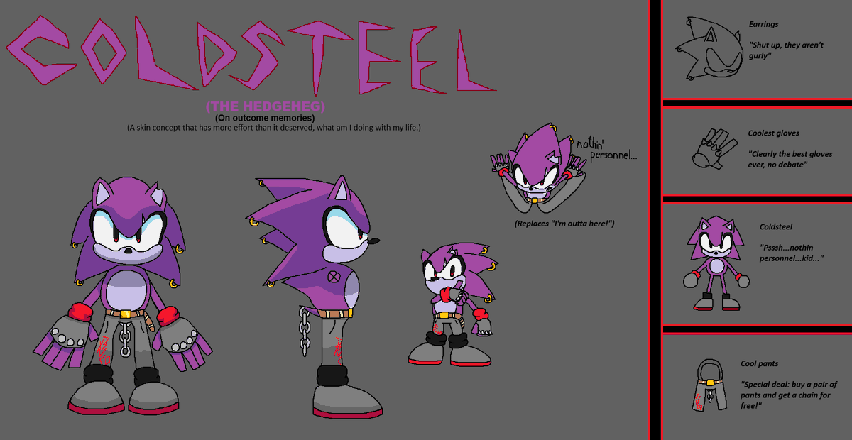 I- I- What am I doing with my li- I spent 6 hours on a shitpost skin concept- Send help.

Anyways, Coldsteel cosmetic set concept for Outcome Memories

#outcomememories #glaghorsesimulator50billion