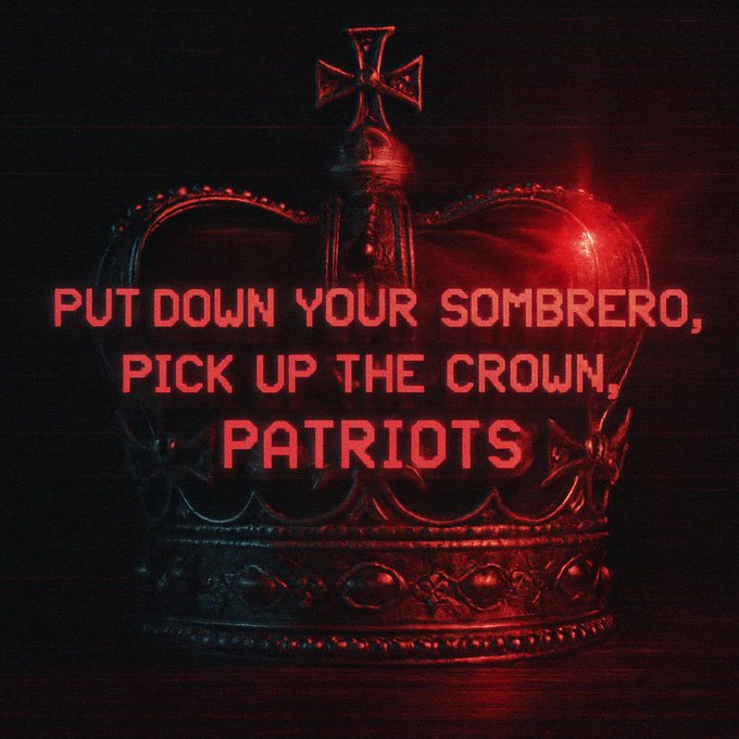 A dark background with a prominent red glowing crown centered, featuring intricate metallic details and a cross-like top element. Bold red text overlays read Put down your sombrero, pick up the crown, Patriots in a stylized font. The overall composition emphasizes the crown as the focal point with red lighting effects enhancing visibility.