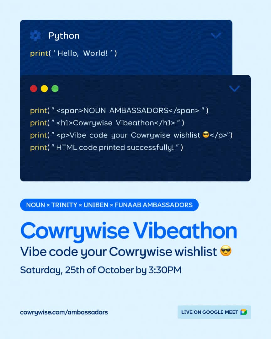 nathfavour_'s tweet image. The largest vibe coding hackathon 🔥 for students all over Nigeria is here!!! 🚀💯.
Grab a spot now!!!😎👇🏽
luma.com/8qr0x54c
#Cowrywise #hackathon #VibeCoding #students