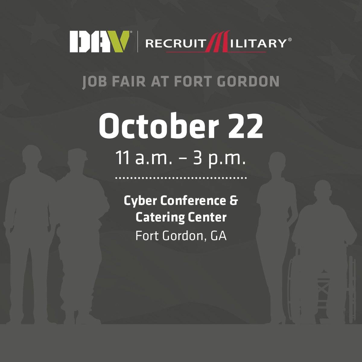 On Wednesday, October 22, at 11 a.m. (Eastern), DAV and <a href="/RecruitMilitary/">RecruitMilitary</a> will host an in-person job fair at Fort Gordon for veterans, spouses, and transitioning service members. Register: dav.la/3Kd97wV.