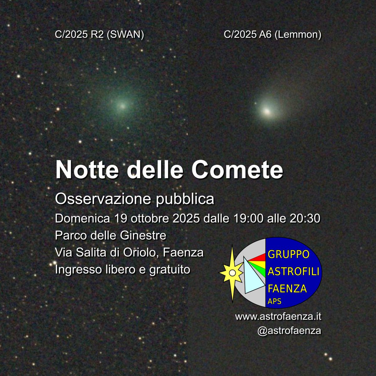 Domenica 19 ottobre alle 19 ci troviamo al Parco delle Ginestre (Via Salita di Oriolo, #Faenza) per osservare due #comete con i nostri #telescopi e #binocoli e guarderemo anche #Saturno, la #ViaLattea e altro

Ingresso libero e #gratis, non mancare!
Info: mobilizon.it/events/158c6b5…