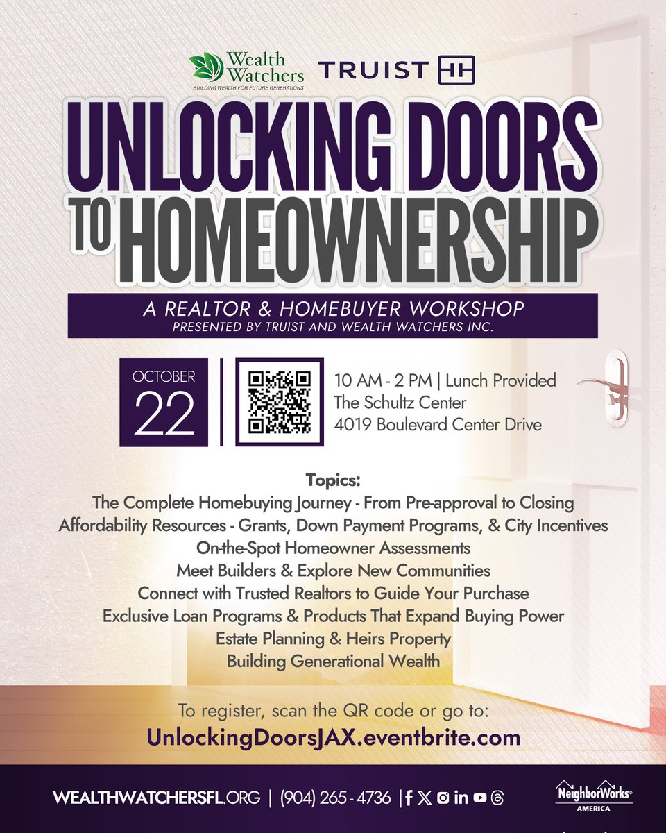 WealthWatchers's tweet image. Unlocking Doors to Homeownership. Wed. - free workshop. Experts will provide ed. to help you thru #homeownership journey. Real estate pros will also have opps to expand portfolio. UnlockingDoorsJax.eventbrite.com or scan QR code. #WealthWatchers #BuildingWealthForFutureGenerations @Truist