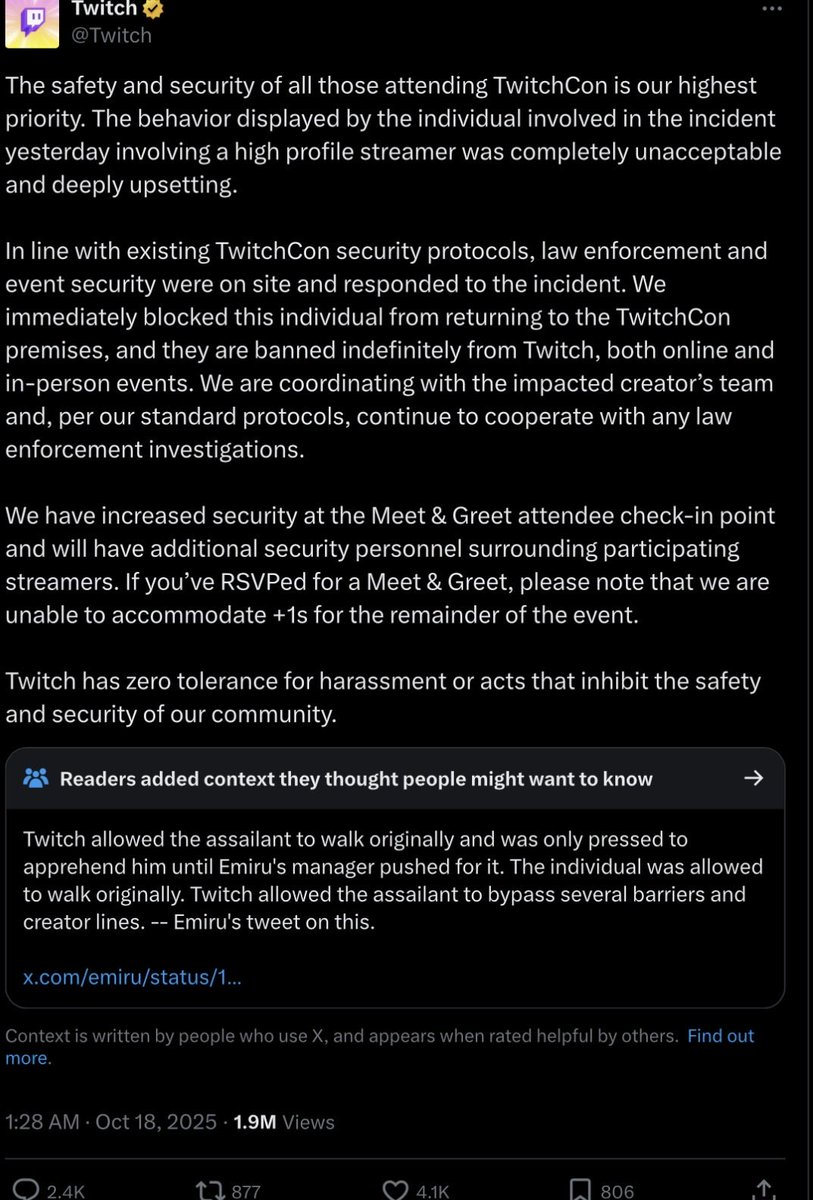 Awk20000's tweet image. Twitch’s tweet about safety at TwitchCon got community noted
