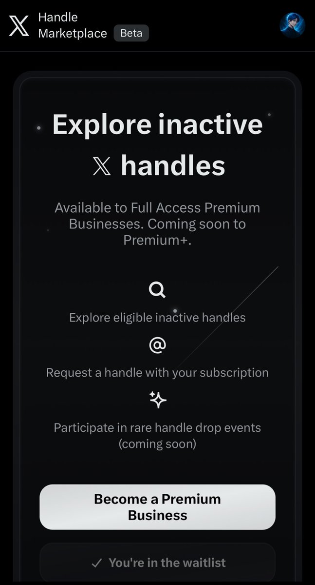 BREAKING: X has opened the official waitlist for its new Handle marketplace, where users will soon be able to purchase rare or inactive usernames just like what Telegram did. 

<a href="/elonmusk/">Elon Musk</a> is also building something similar to what <a href="/durov/">Pavel Durov</a> did 🤭
handles.x.com