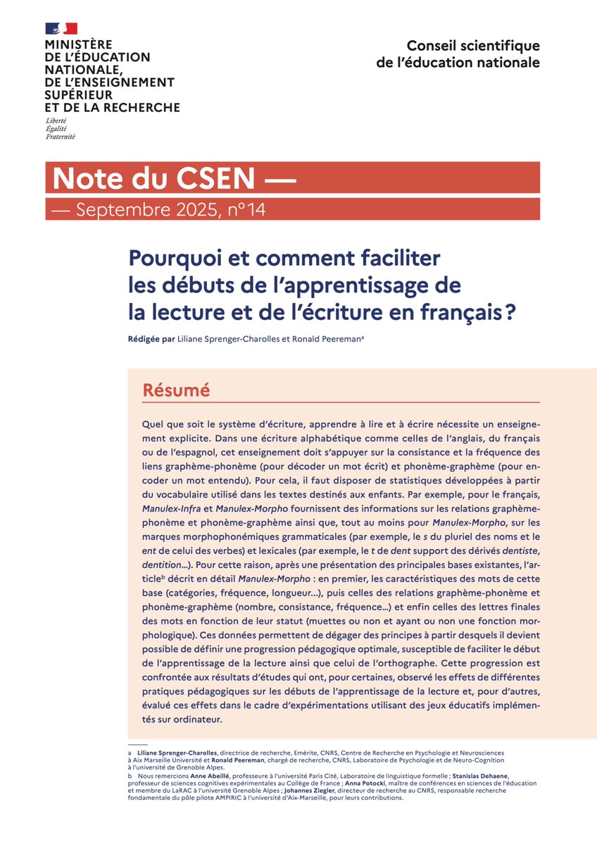 eduscol_lettres's tweet image. 🔎 #Lecture | #Décodage

🔷 « Pourquoi et comment faciliter les débuts de l’apprentissage de la lecture et de l’écriture en français ? » (@CsenOfficiel n°14, septembre 2025) : recommandations pour l’acquisition de la morphologie écrite @eduscol_prim

👉 reseau-canope.fr/fileadmin/user…