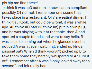 Looking For!

Ship: Ot7/JiKook??

think it was ao3 but don't know. canon compliant, possibly OT7 or not. I remember one scene that takes place in a restaurant. OT7 are eating dinner. I think it's JiKook. but could be wrong, it was a while ago. A(i think JK) had B(i think Jm) put